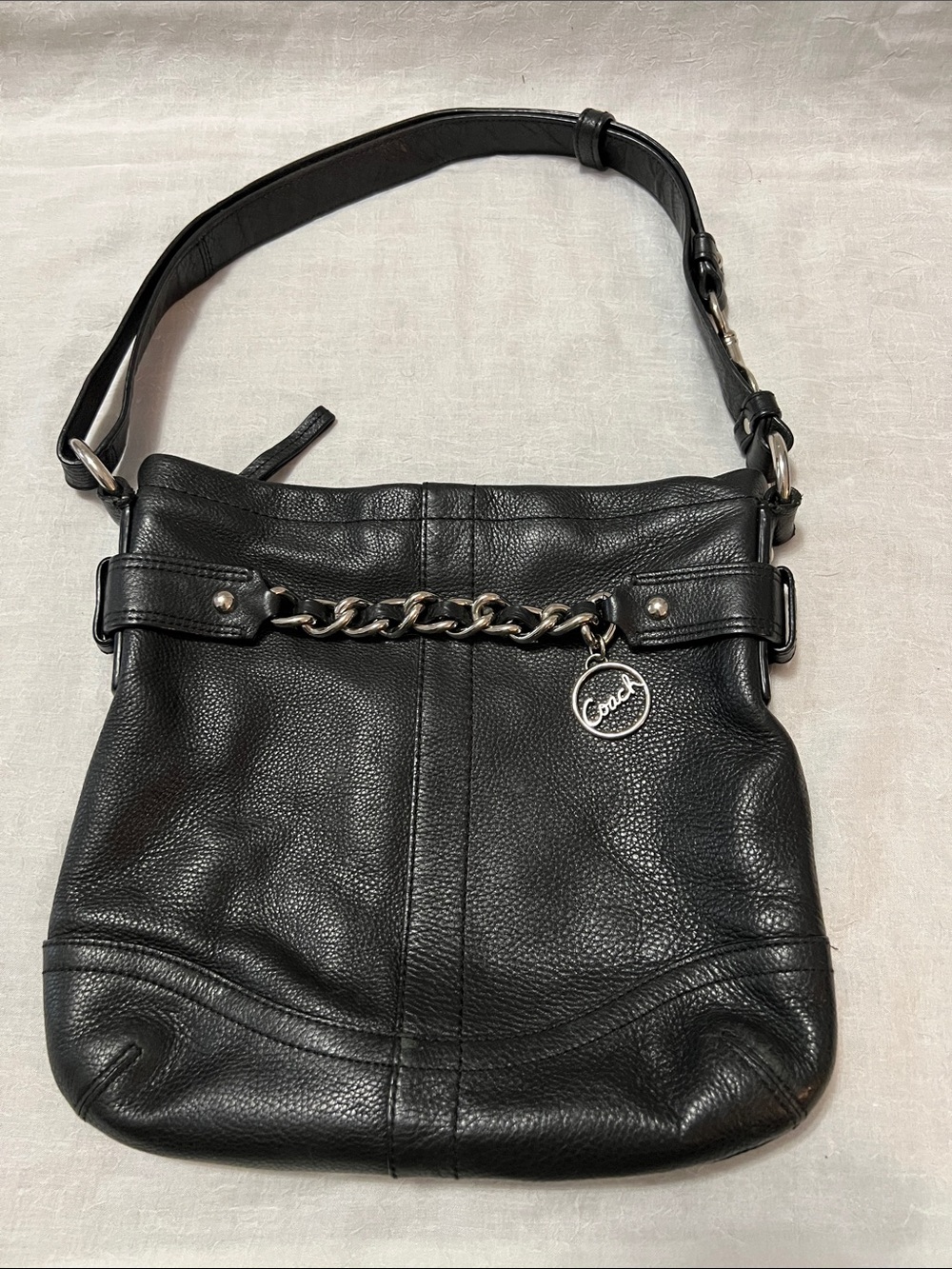 Coach Black Pebbled Leather Shoulder Bag with Chain Accent